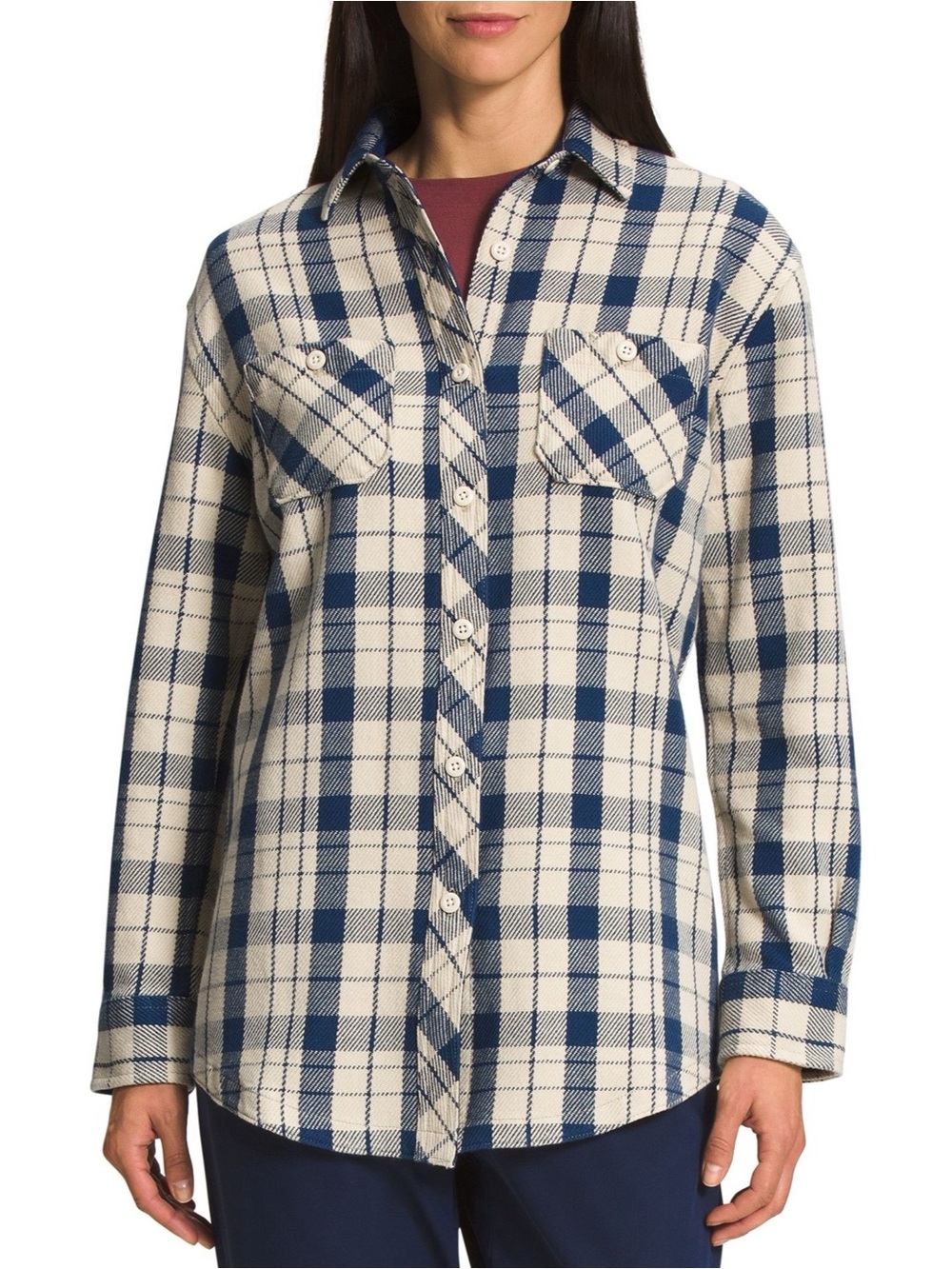 The North Face Women’s Medium Valley Twill Blue Beige Flannel Shacket Shirt